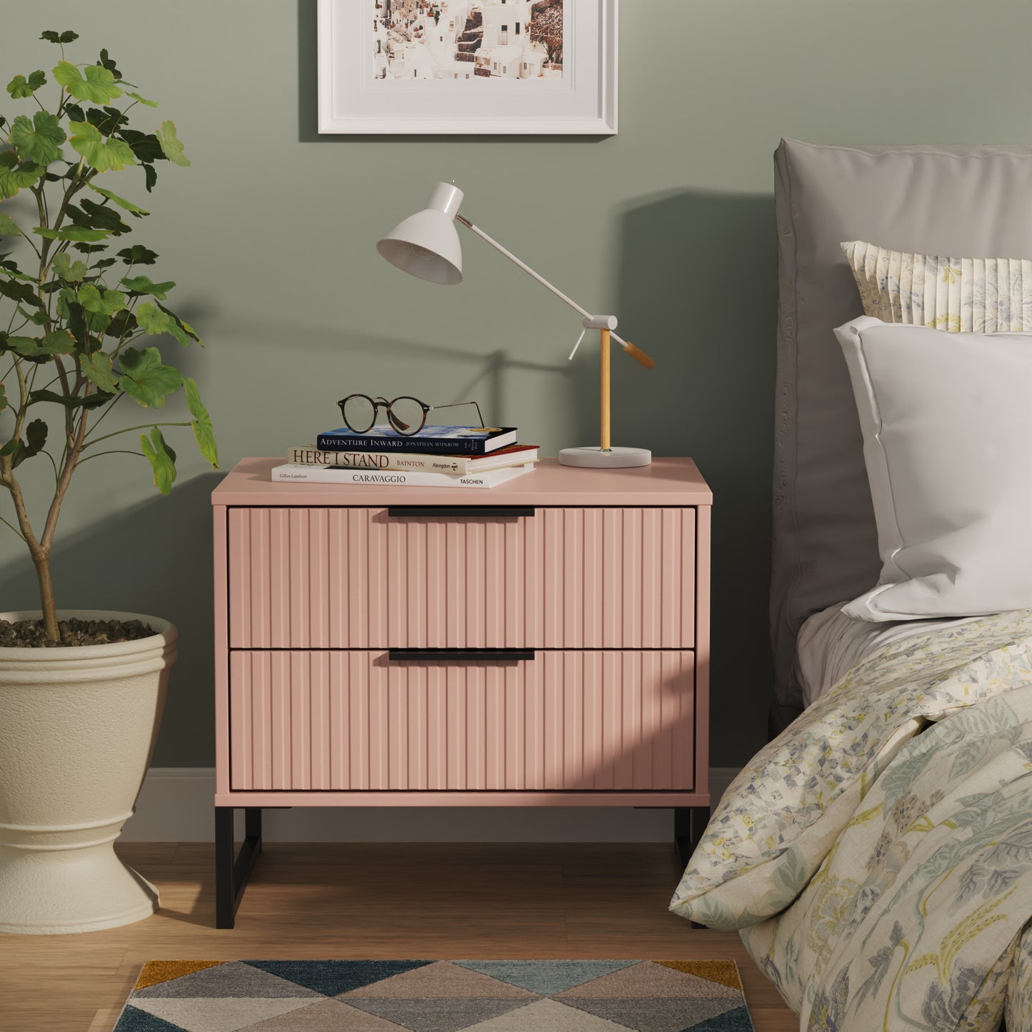 Fluted Side Table Pink 2 Drawers 60cm