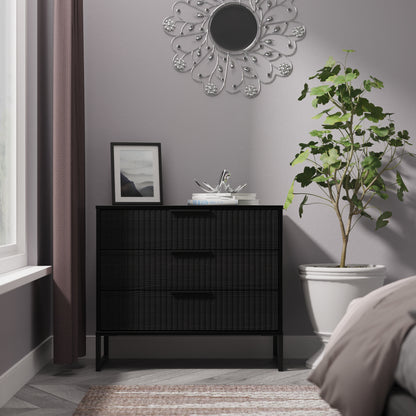 Fluted Chest of Drawers Black 3 Drawers 77cm