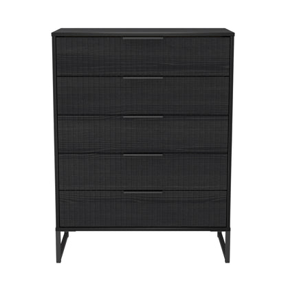 Fluted Tall Chest of Drawers Black 5 Drawers 109cm