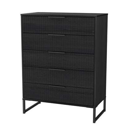 Fluted Tall Chest of Drawers Black 5 Drawers 109cm