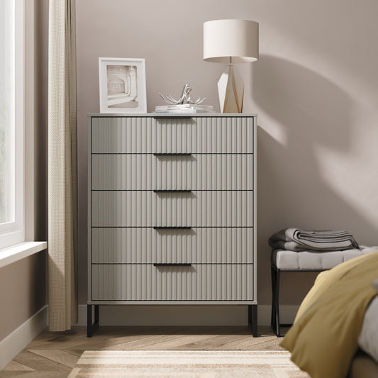 Fluted Tall Chest of Drawers Grey 5 Drawers 109cm