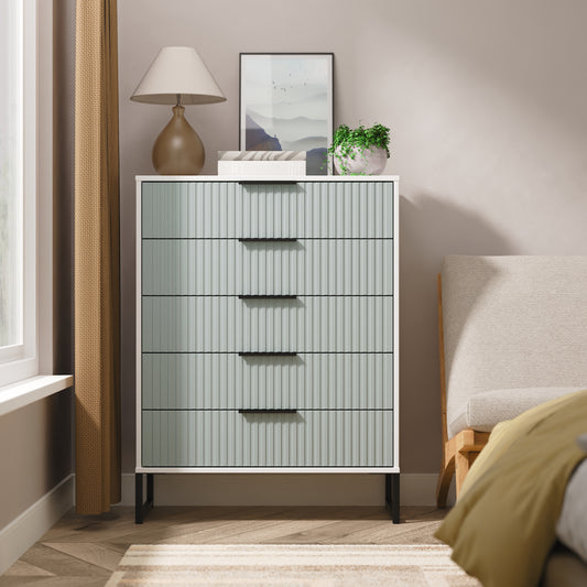 Fluted Tall Chest of Drawers Teal & White 5 Drawers 109cm