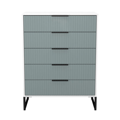 Fluted Tall Chest of Drawers Teal & White 5 Drawers 109cm