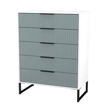 Fluted Tall Chest of Drawers Teal & White 5 Drawers 109cm