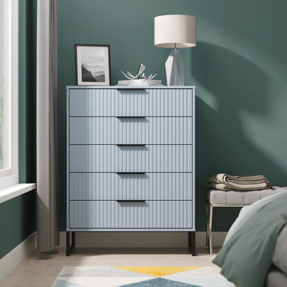 Fluted Tall Chest of Drawers Light Blue 5 Drawers 109cm