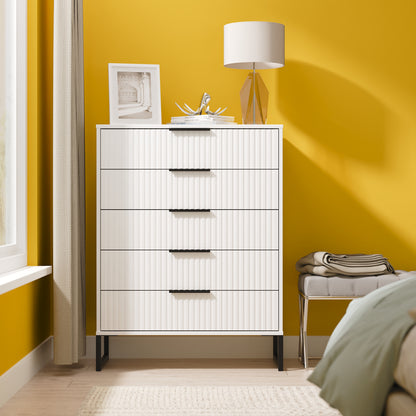 Fluted Tall Chest of Drawers White 5 Drawers 109cm