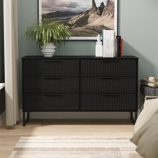 Fluted Large Chest of Drawers Black 6 Drawers 115cm