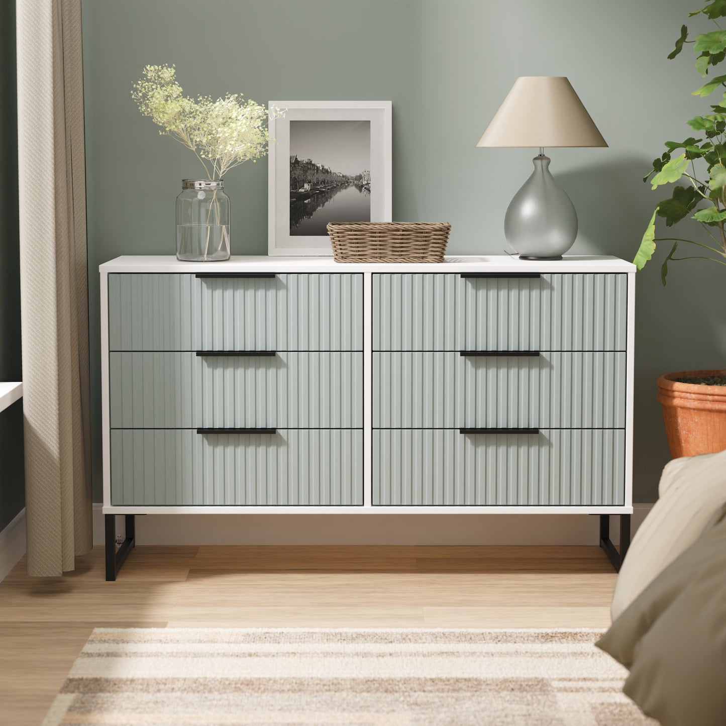 Fluted Large Chest of Drawers Teal & White 6 Drawers 115cm