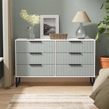 Fluted Large Chest of Drawers Teal & White 6 Drawers 115cm