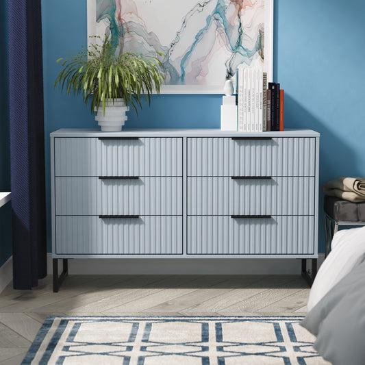 Fluted Large Chest of Drawers Light Blue 6 Drawers 115cm