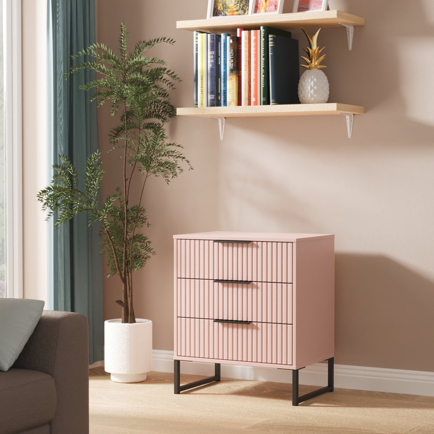 Fluted Chest of Drawers Pink 3 Drawers 76cm