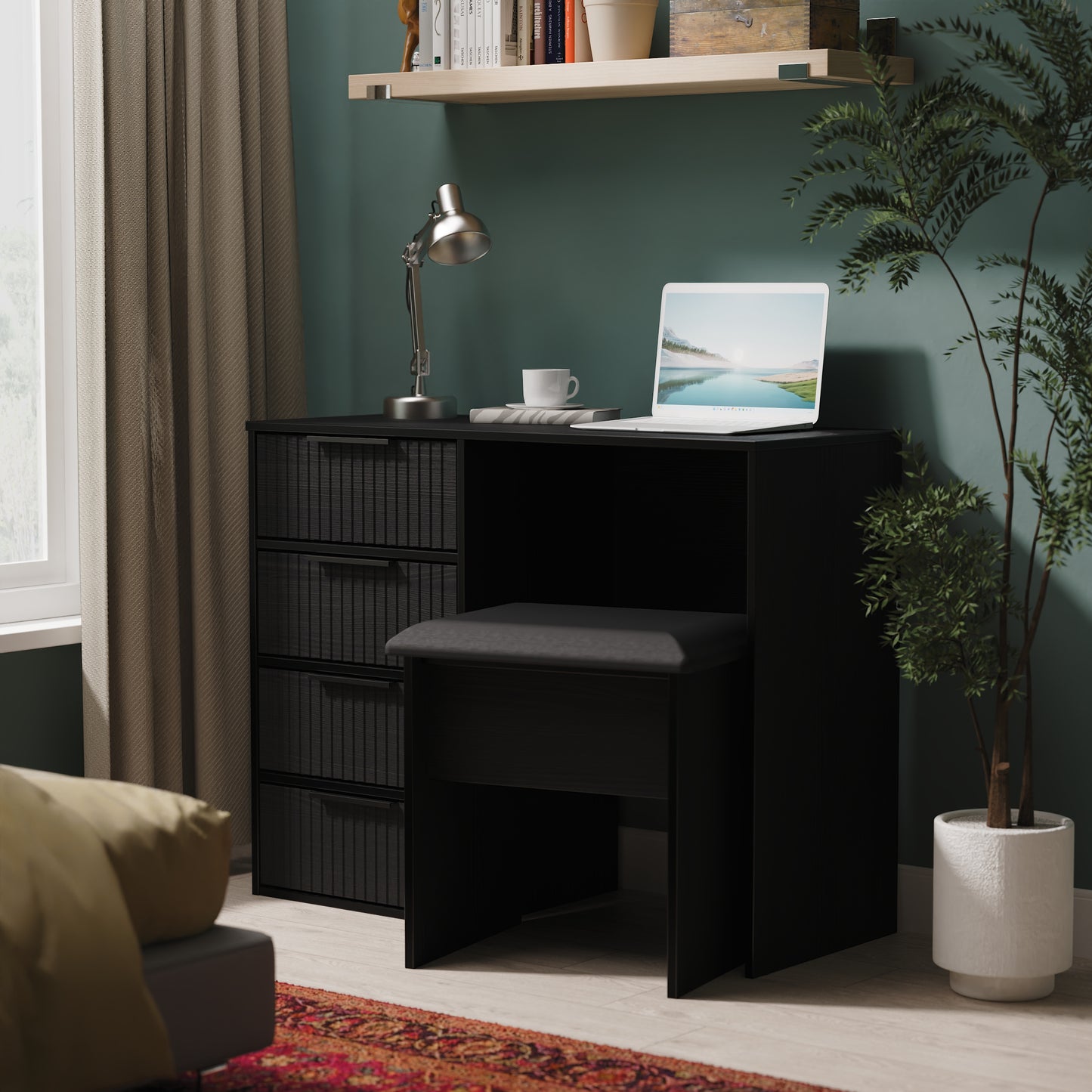Fluted Desk Black 4 Drawers 97cm