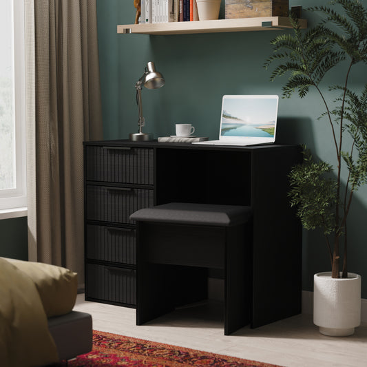Fluted Desk Black 4 Drawers 97cm