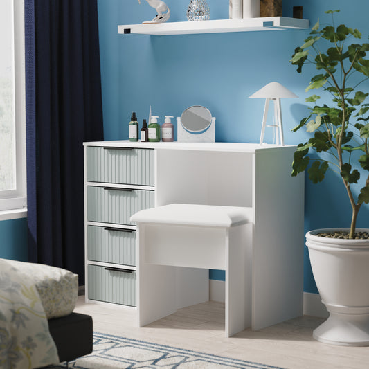 Fluted Desk Teal & White 4 Drawers 97cm