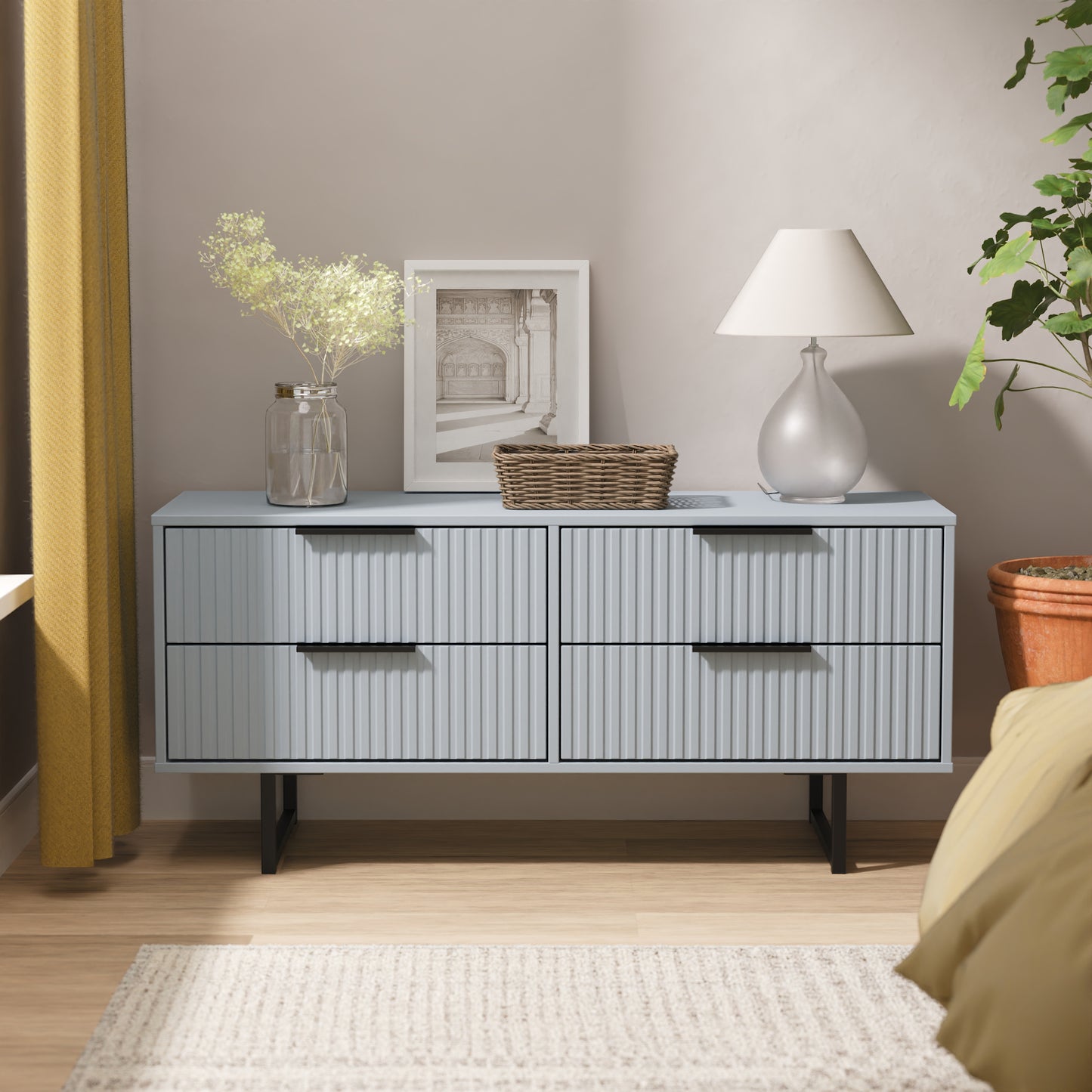 Fluted Large Chest of Drawers Light Blue 4 Drawers 115cm