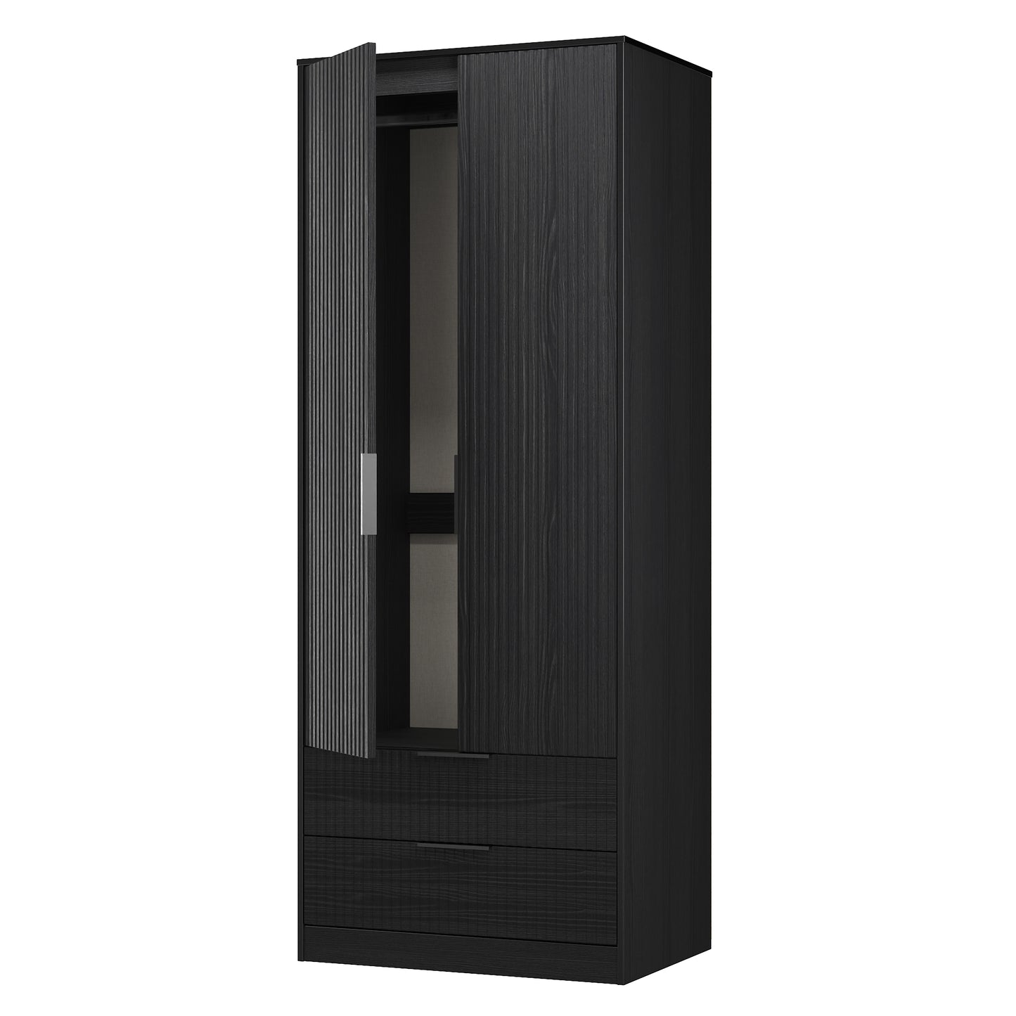 Fluted Tall Wardrobe Black 2 Drawers 197cm
