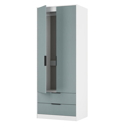 Fluted Tall Wardrobe Teal & White 2 Drawers 197cm