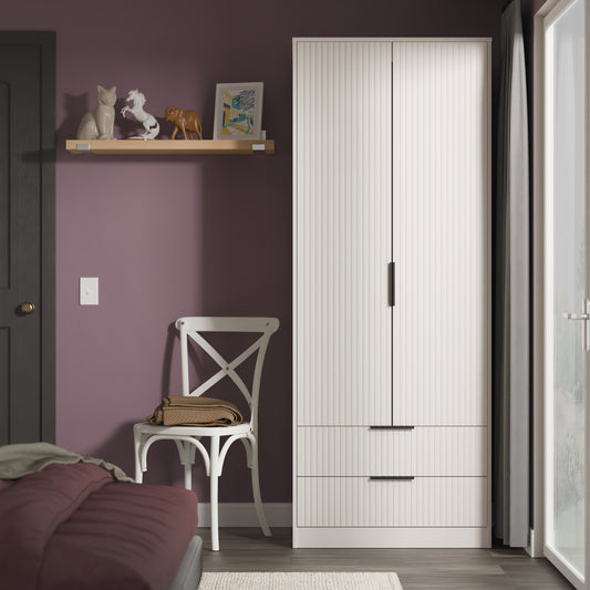 Fluted Tall Wardrobe Off-White 2 Drawers 197cm