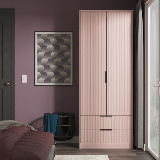 Fluted Tall Wardrobe Pink 2 Drawers 197cm