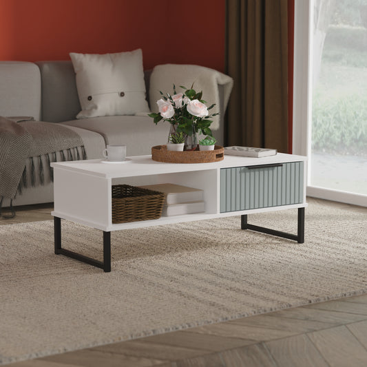 Fluted Coffee Table Teal & White 1 Shelf 1 Drawer 92cm