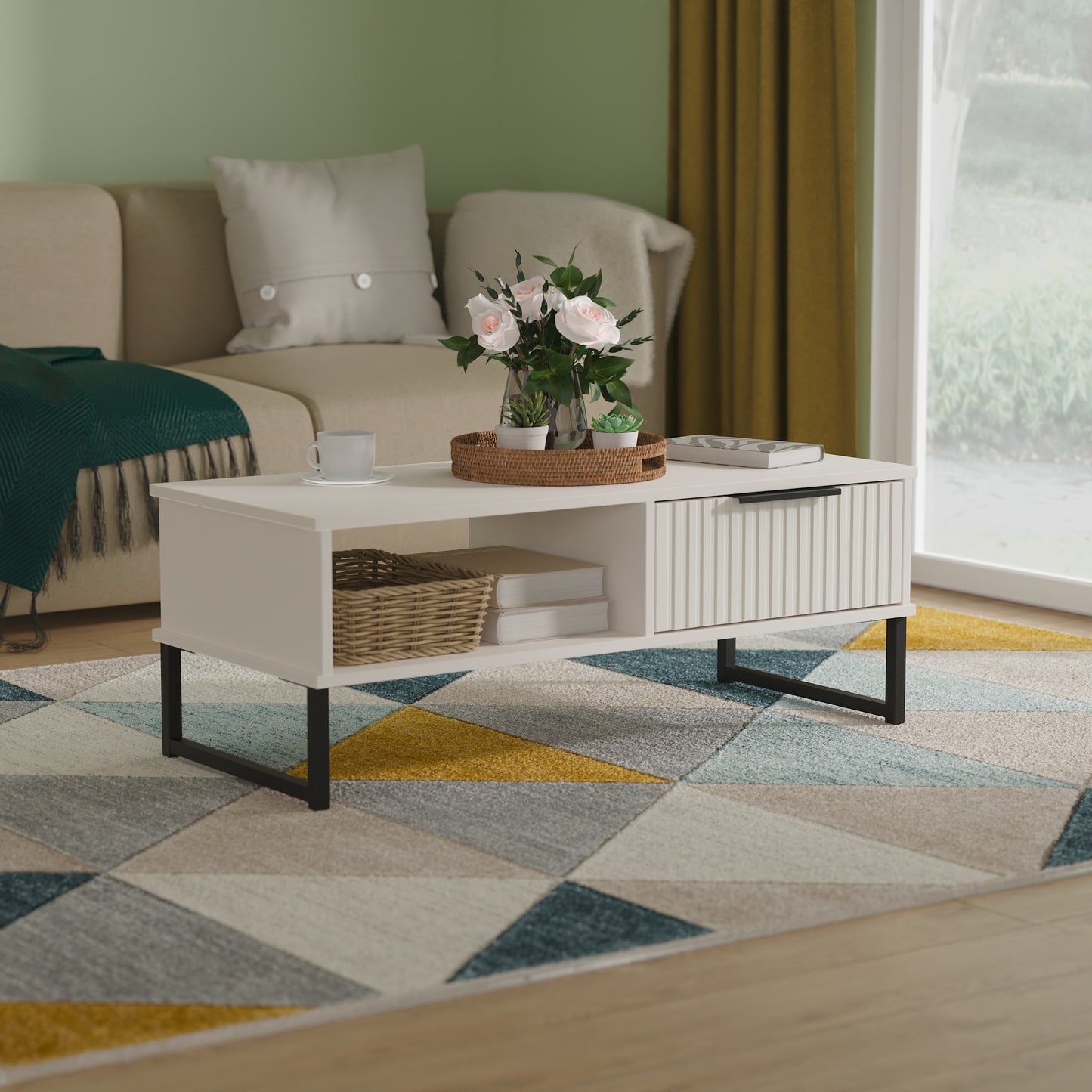 Fluted Coffee Table Off-White 1 Shelf 1 Drawer 92cm