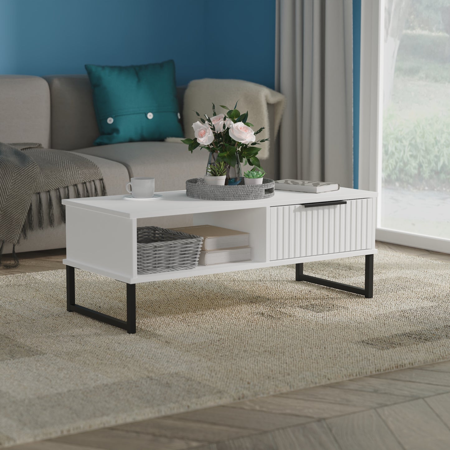 Fluted Coffee Table White 1 Shelf 1 Drawer 92cm