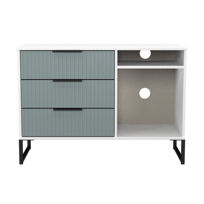Fluted TV Unit Teal & White 2 Shelves 3 Drawers 97cm