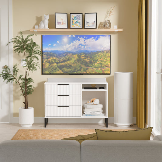 Fluted TV Unit White 2 Shelves 3 Drawers 97cm