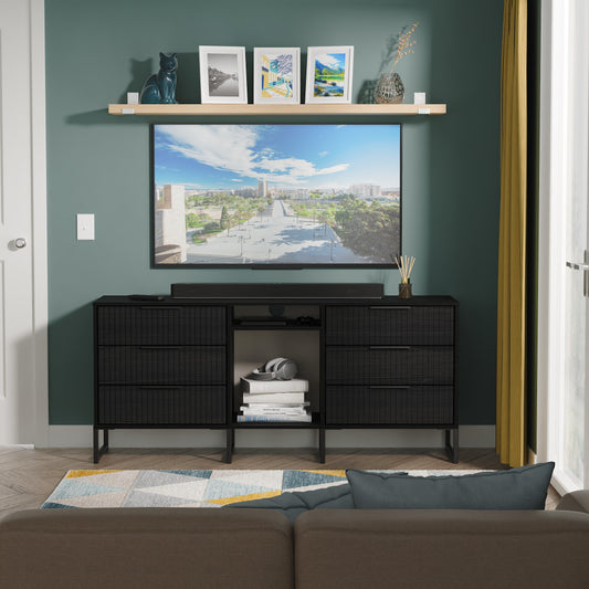 Fluted Large Sideboard Black 2 Shelves 6 Drawers 152cm