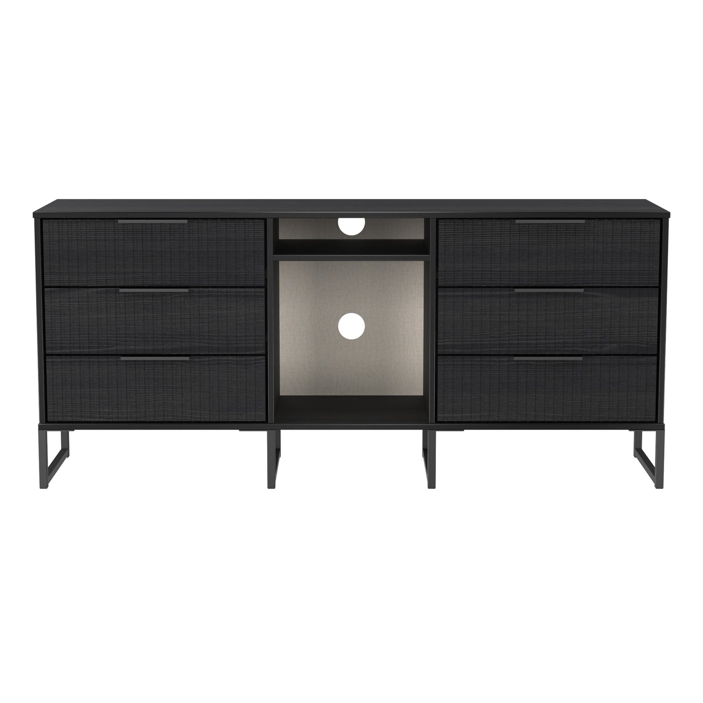 Fluted Large Sideboard Black 2 Shelves 6 Drawers 152cm