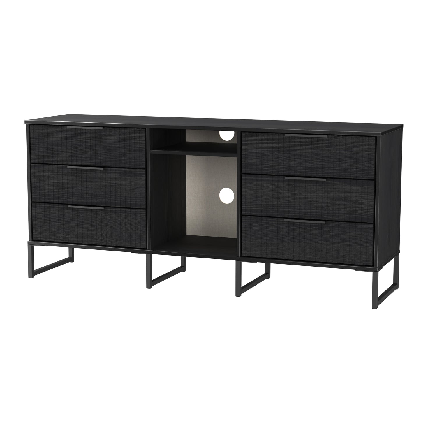 Fluted Large Sideboard Black 2 Shelves 6 Drawers 152cm