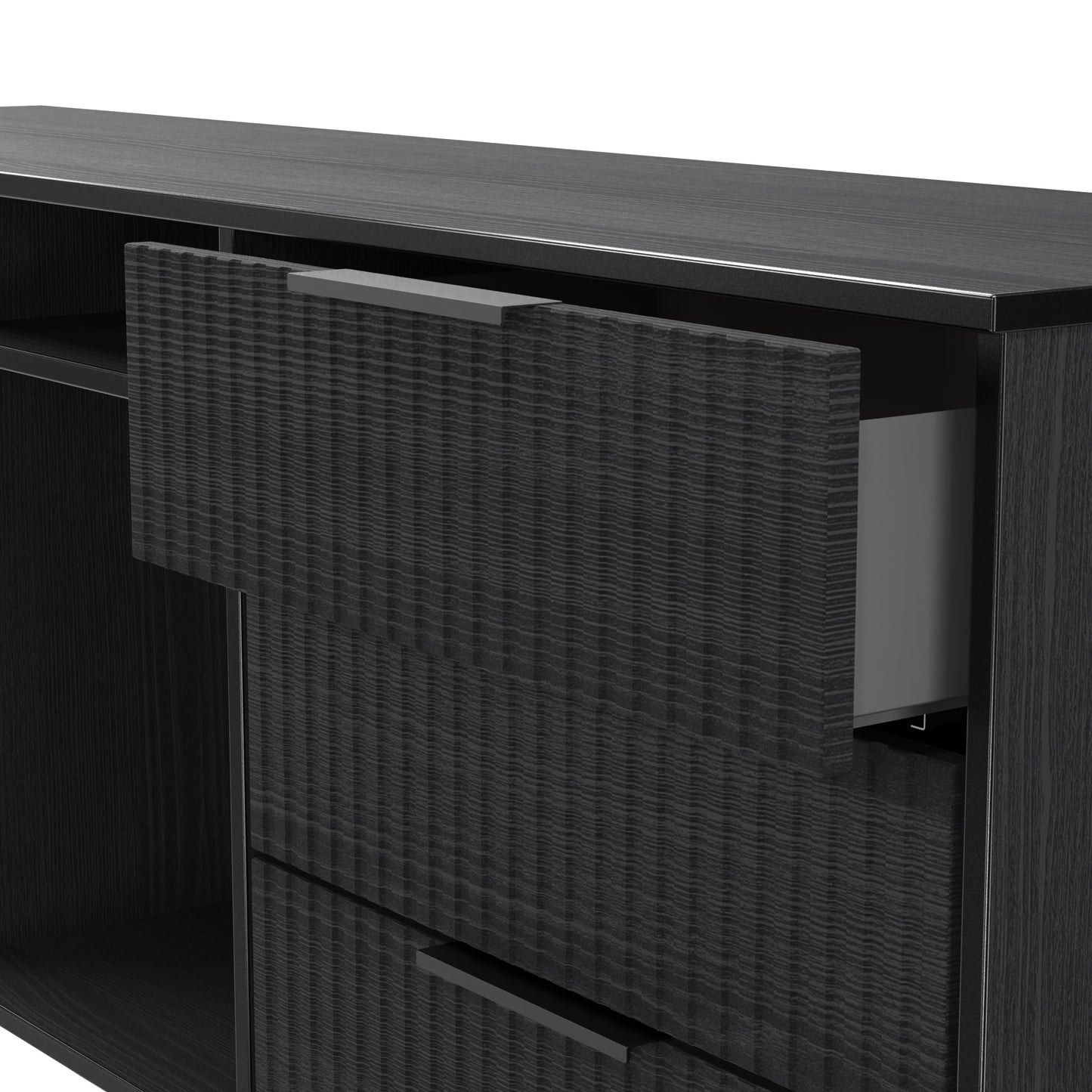 Fluted Large Sideboard Black 2 Shelves 6 Drawers 152cm