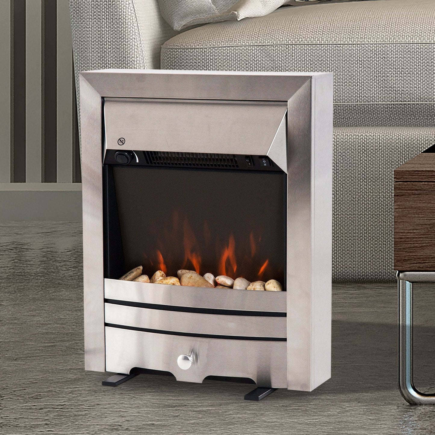 2KW Stainless Steel Electric Fireplace Pebble Burning Effect Heater Fire Flame Indoor Stove LED Lighting Primary Image