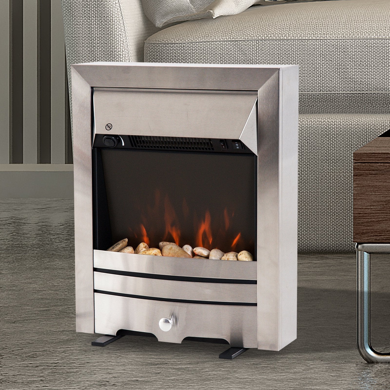 2KW Stainless Steel Electric Fireplace Pebble Burning Effect Heater Fire Flame Indoor Stove LED Lighting Primary Image