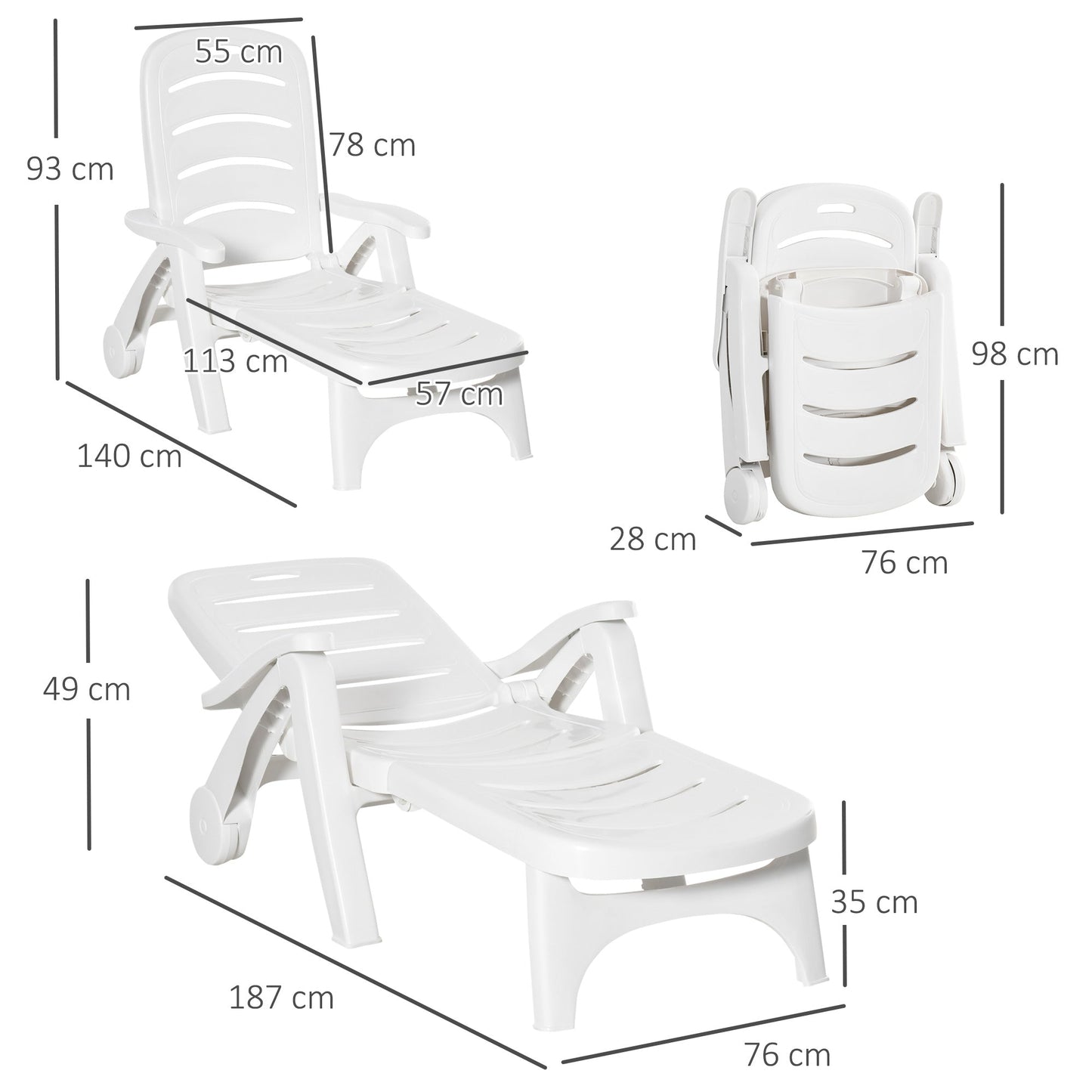 Outdoor Folding Sun Lounger Recliner on Wheels w/ 5-Position Backrest