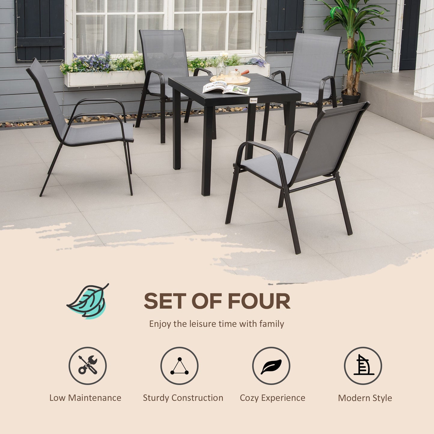 Outsunny Set of 4 Garden Dining Chair Set Stackable Outdoor Patio Furniture Set with Backrest and Armrest
