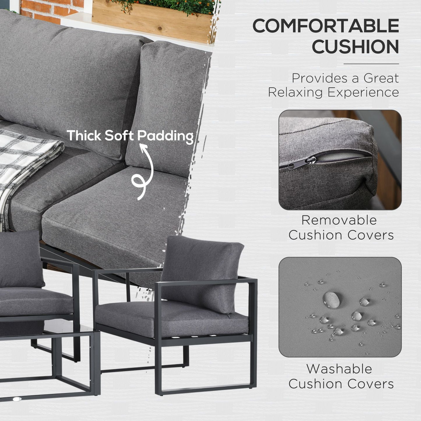 4-Pieces Garden Sofa Set 2 Single Armchair 1 Bench & Side Table Set Aluminium Frame Patio Furniture with Cushions Grey