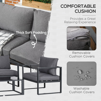 4-Pieces Garden Sofa Set 2 Single Armchair 1 Bench & Side Table Set Aluminium Frame Patio Furniture with Cushions Grey