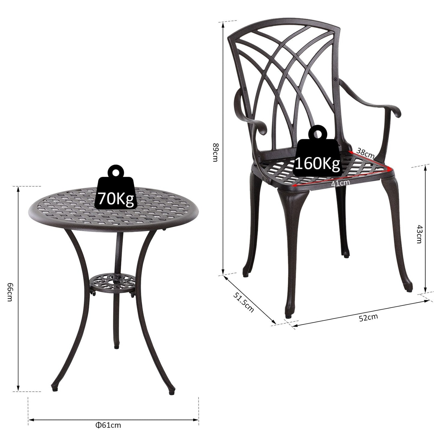 Patio Cast Aluminium 3-Piece Bistro Set Coffee Table & 2 Chairs Set Outdoor Garden Furniture Set