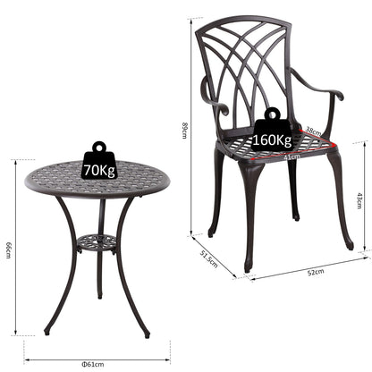 Patio Cast Aluminium 3-Piece Bistro Set Coffee Table & 2 Chairs Set Outdoor Garden Furniture Set