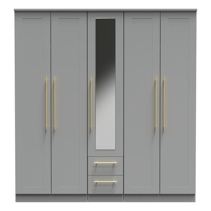Haworth Tall Mirror Wardrobe Grey 5 Doors 2 Shelves 2 Drawers 196cm