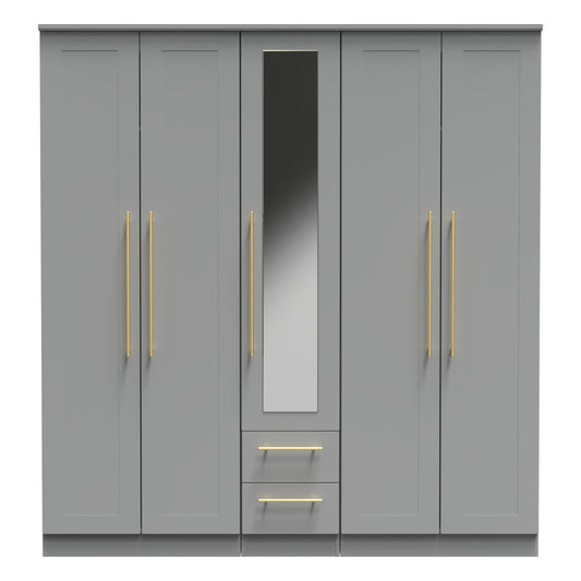 Haworth Tall Mirror Wardrobe Grey 5 Doors 2 Shelves 2 Drawers 196cm