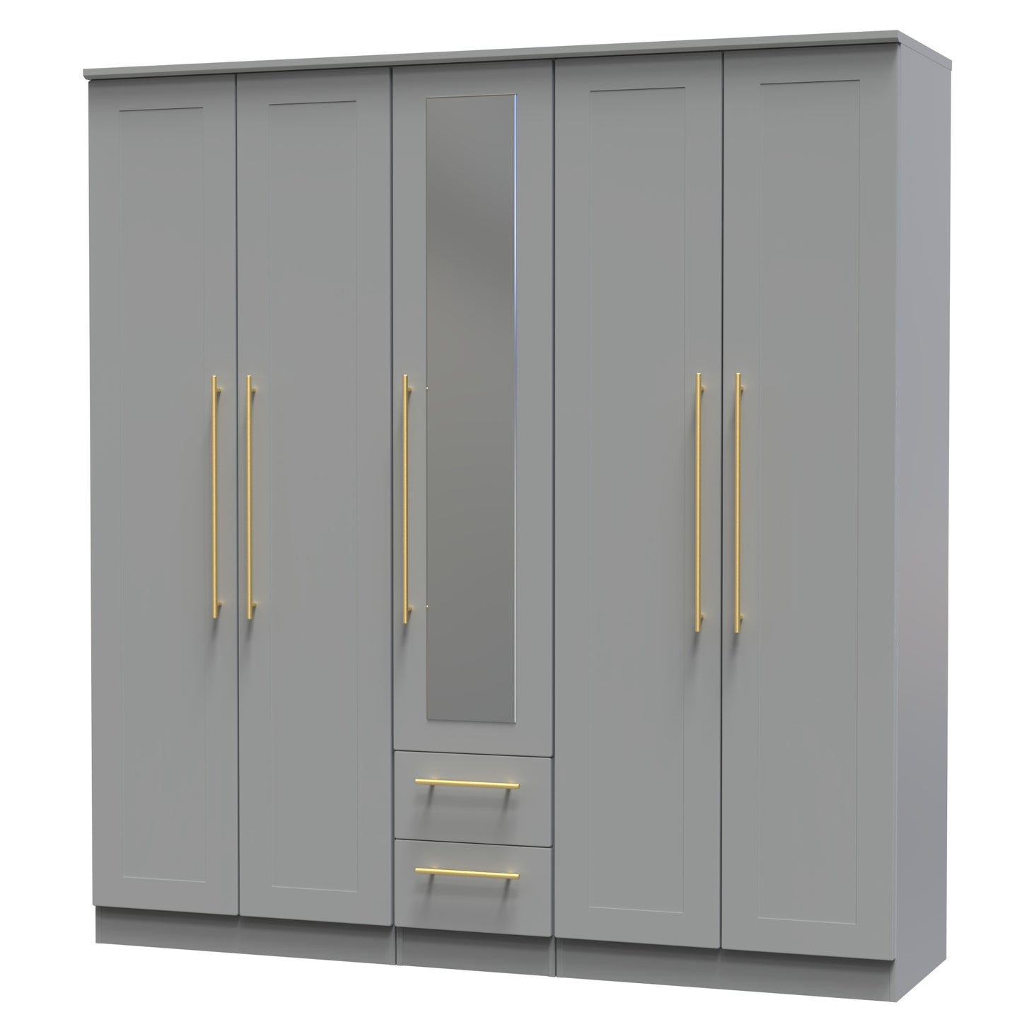 Haworth Tall Mirror Wardrobe Grey 5 Doors 2 Shelves 2 Drawers 196cm
