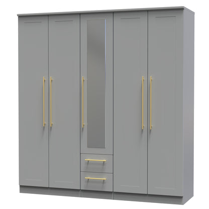 Haworth Tall Mirror Wardrobe Grey 5 Doors 2 Shelves 2 Drawers 196cm