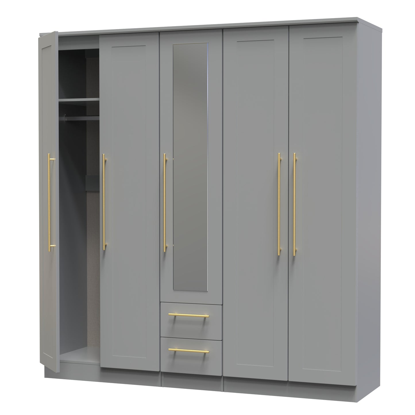 Haworth Tall Mirror Wardrobe Grey 5 Doors 2 Shelves 2 Drawers 196cm