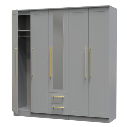 Haworth Tall Mirror Wardrobe Grey 5 Doors 2 Shelves 2 Drawers 196cm
