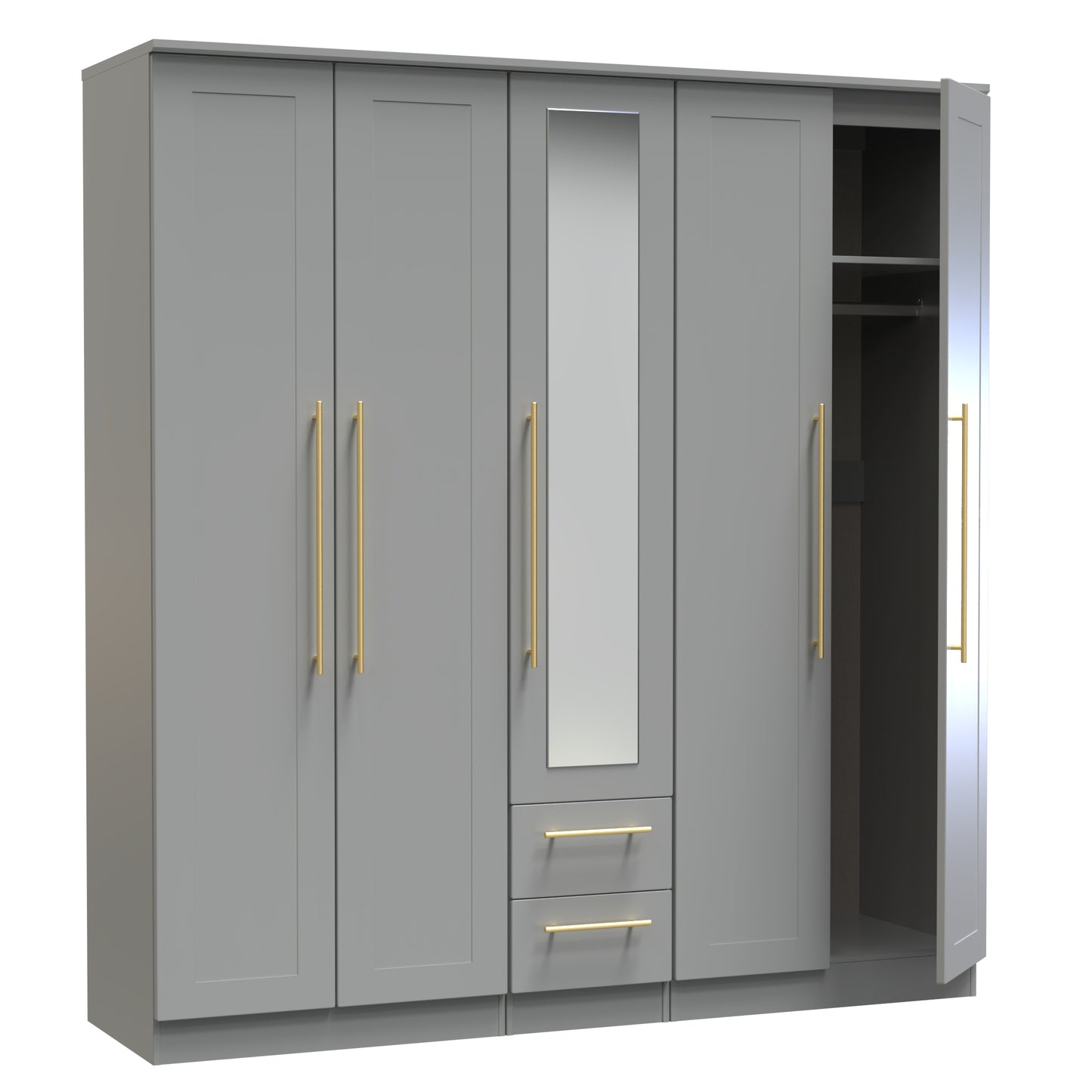 Haworth Tall Mirror Wardrobe Grey 5 Doors 2 Shelves 2 Drawers 196cm