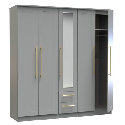 Haworth Tall Mirror Wardrobe Grey 5 Doors 2 Shelves 2 Drawers 196cm