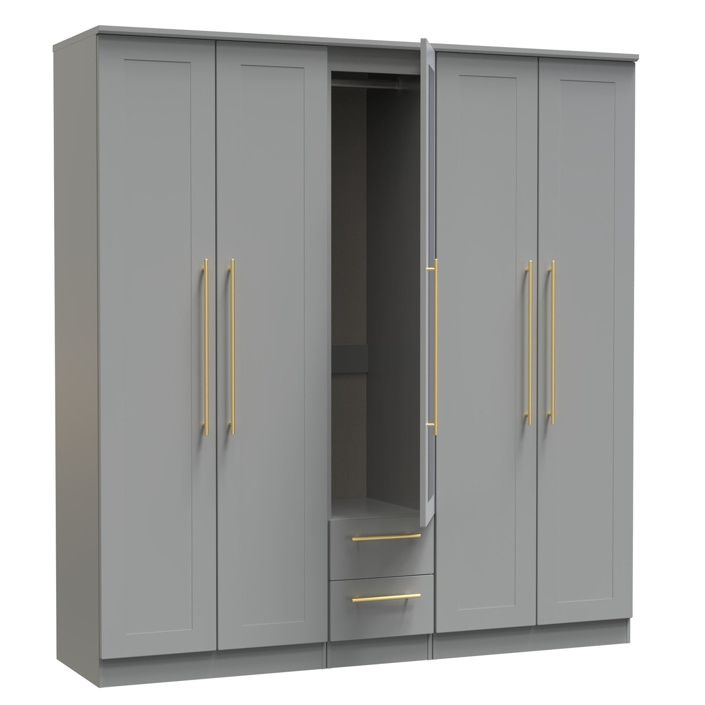 Haworth Tall Mirror Wardrobe Grey 5 Doors 2 Shelves 2 Drawers 196cm