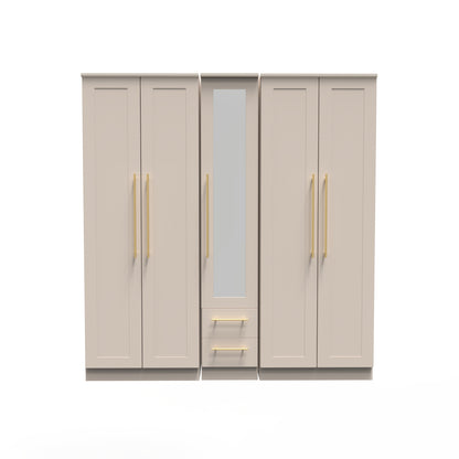 Haworth Tall Mirror Wardrobe Off-White 5 Doors 2 Shelves 2 Drawers 196cm